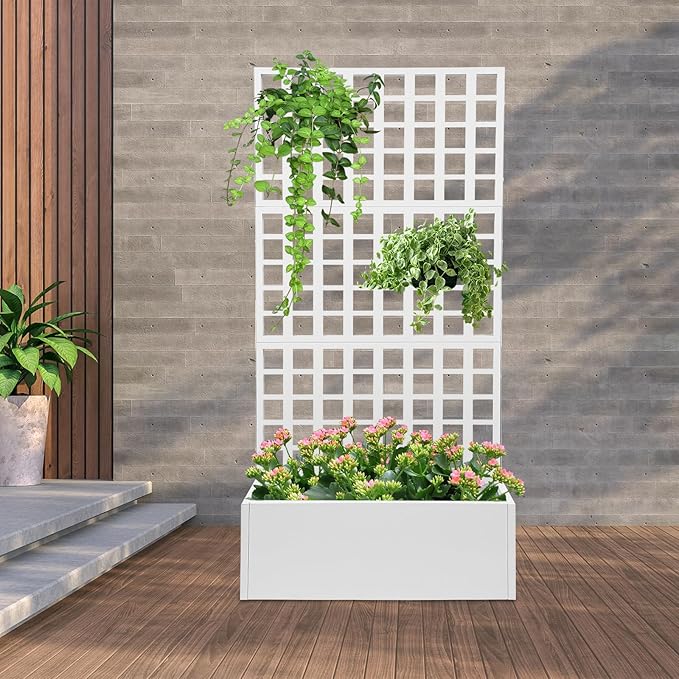 Metal Planter Box with Trellis Heavy Duty Planter with Lattice Panels Privacy Raised Garden Bed Trellis Planters Boxes for Climbing Plants Vegetables Vines 35 W X 16 D X 71 H (White)