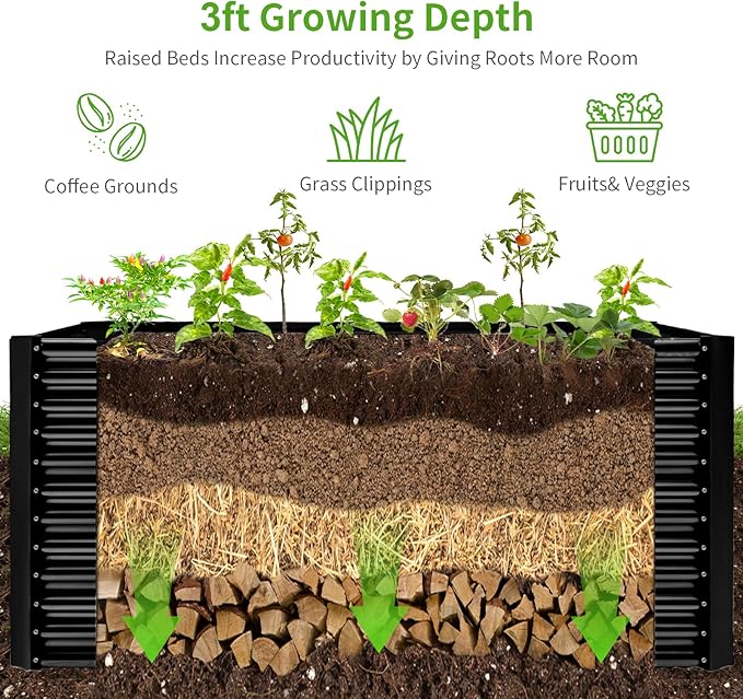Land Guard 8x4x3ft Rectangular Galvanized Raised Garden Beds Large-Capacity Metal Planter Box Outdoor Durable Deep Raised Garden Bed 3ft Tall Raised Beds for Gardening Vegetables Dark Grey
