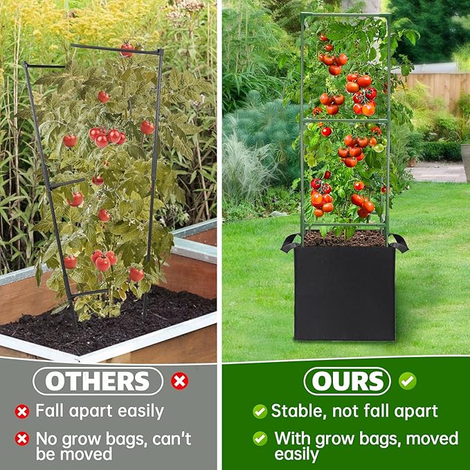 ANPHSIN 2 Sets Tomato Cages with 10 Gallon Grow Bags - 47'' Stable Plant Support Trellis Kit Square Cages with Planter Pots for Garden Flowers Vegetables Cucumber Vertical Climbing Plants Vines