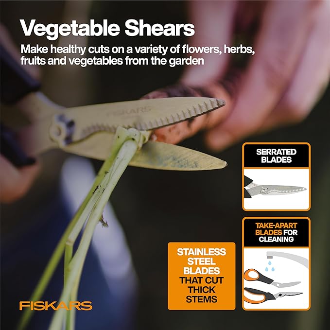 Fiskars Vegetable Gardening Essentials 6-Piece Tool Set for Cultivating Serrated Stainless Steel Shears &amp 4-in-1 Seed Sower for Planting Rust-Resistant Steel Trowel Cultivator Weeder L/XL Glo