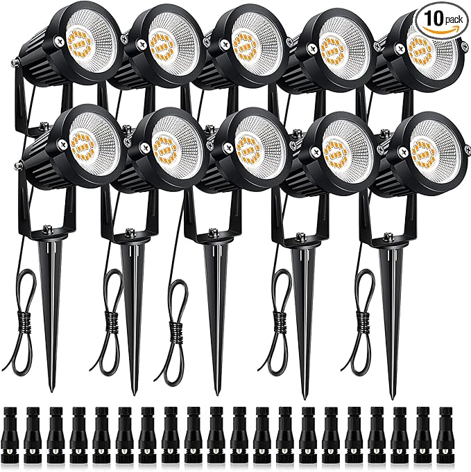 Landscape Lighting Outdoor LED Low Voltage Landscape Lights 7W 900LM Waterproof 12V Garden Lights Flag Landscape Spotlights with Spike Stand Warm White Light (10-Pack with Connector)