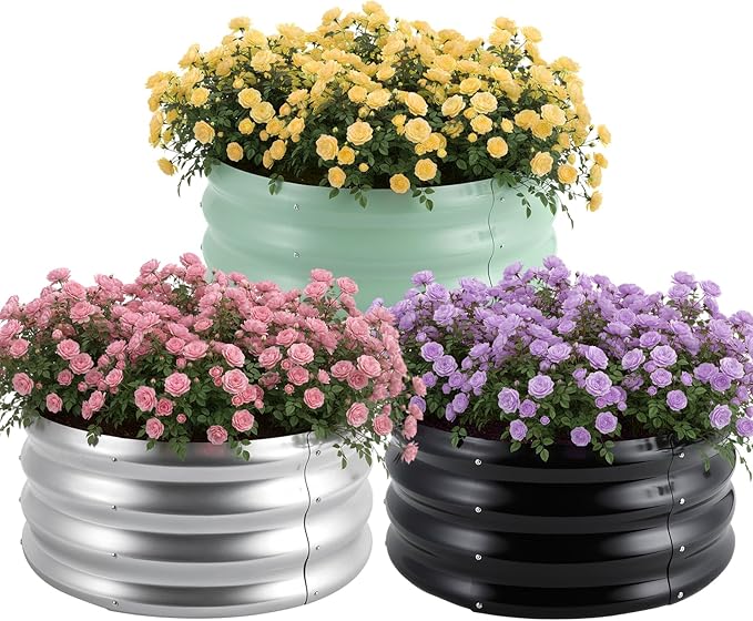 3 Pcs 2x2x1ft Round Galvanized Raised Garden Bed Planter Boxes Outdoor with Easy Assembly Metal Raised Beds for Vegetables Fruits Flowers (Galvanized Black Green)