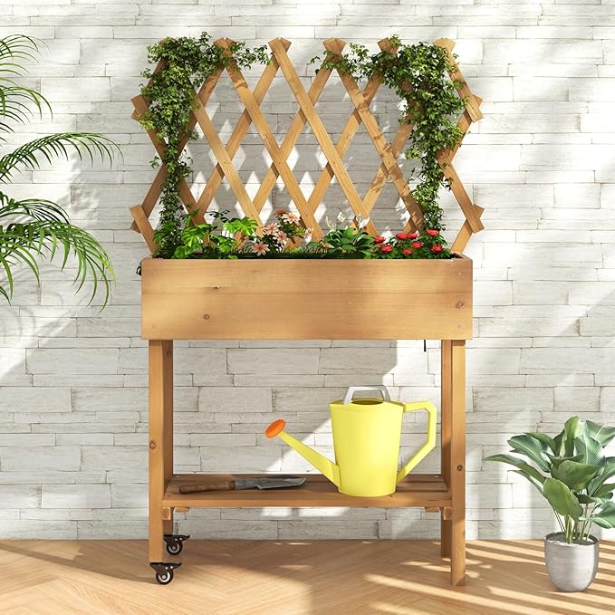 Giantex Raised Garden Bed on Wheels Rolling Planter Boxes with Trellis Storage Shelf &amp Black Liner Indoor Outdoor Wood Raised Bed for Flower Climbing Vine 36”x12”x51”