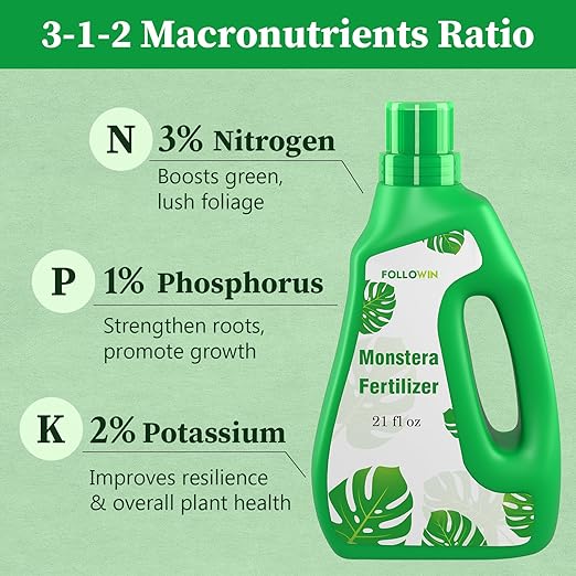 FOLLOWIN Monstera Plant Food Liquid Fertilizer Indoor Outdoor Tropical Plant Nutrients 3-1-2 NPK Promotes Fenestrated Leaves 21 oz Easy-Dose Bottle