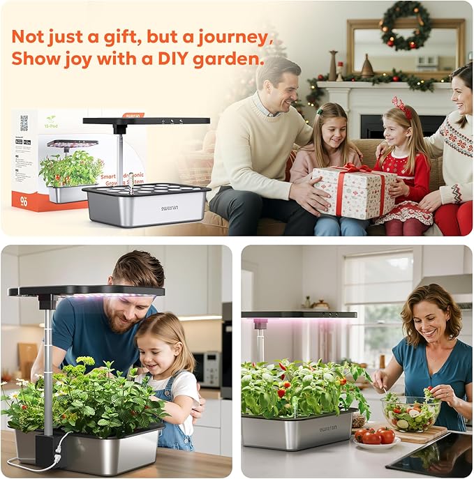 owltron Smart Hydroponics Growing System Kit15 Pods Indoor Herb Garden with 36W LED Grow Light &amp APP Control Planting Height Up to 30 Quiet Water Pump Stainless Steel - Ideal Gift for All Age