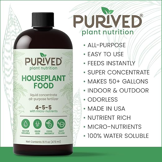 Purived 16oz All-Purpose Liquid Plant Fertilizer - Makes 50 Gallons for Indoor Houseplants All-Natural Groundwater Safe Made in USA
