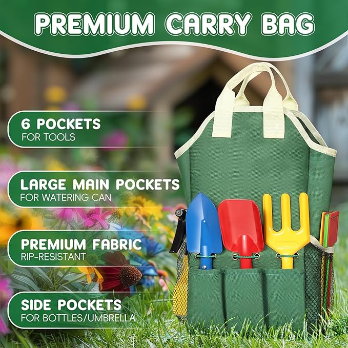 Kids Gardening Tool Set 20PCS Gardening Toys Includes Metal RakeForkTrowelApronGlovesWatering CanTote Bag Garden Tool Kit for Kids Outdoor Toys Gift for Boys Girls