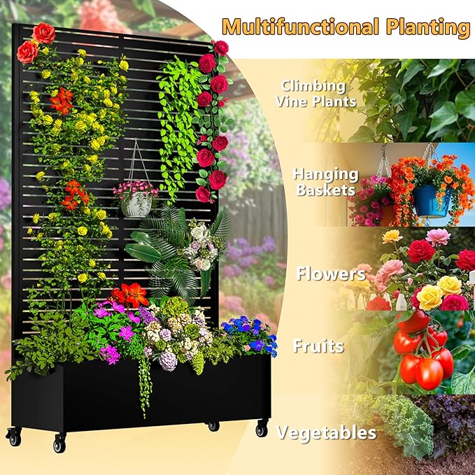 Metal Planter Box with Trellis 72.1x47.2x16 Outdoor Galvanized Raised Garden Bed with Privacy Screen &amp Drainage Holes &amp Lockable Casters for Climbing Plants Vegetable (Louvered-Black1)