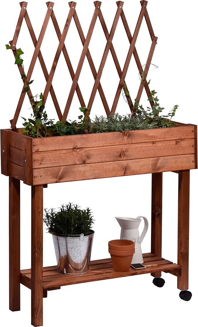 dobar® 58187e Rollable Raised Bed with Trellis Planter Box on Wheels Flower Bed Made of Solid Wood Narrow Herb Bed for Garden/Patio/Balcony 79 x 28.5 x 130 cm Brown