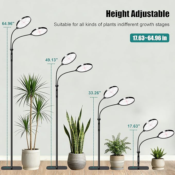 Dual Head Grow Light for Indoor Plants Full Spectrum Floor Standing Plant Light Remote Control &amp 4/8/12/18H Timer 3 Modes 10 Dimmable Levels Stable Base for Tall Plants Succulents Herbs Black