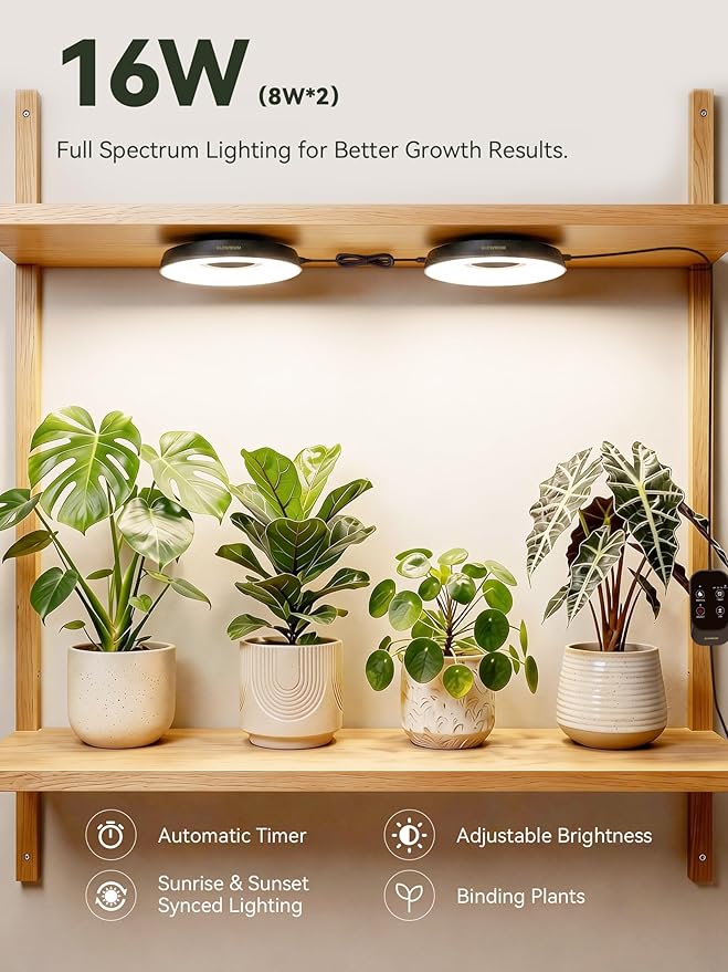 GLOWRIUM Grow Lights for Indoor Plants Full Spectrum Puck Grow Light with Manual &amp APP Control 16W(2 x 8W) Plant Lamp Auto-Timer Plant Assistant 10 Levels Dimmable for Plant Shelf (2 PacksBlac