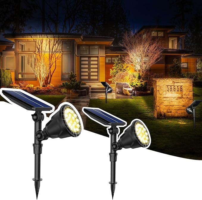JSOT Solar Spot Lights Outdoor Waterproof Outdoor Landscape Spotlights Flood Light for Pathway Path Driveway Backyard Decor 600 Lumen 18 LED Beads 2 Lighting Options(Warm White 2 Pack)