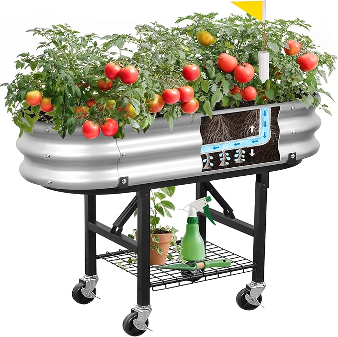 Raised Garden Bed with Legs and Heavy Duty Wheels Self-Watering Planter Box Easy-Install Foldable Stand Galvanized Metal Elevated Wicking Bed with Liner for Indoor Outdoor Gardening