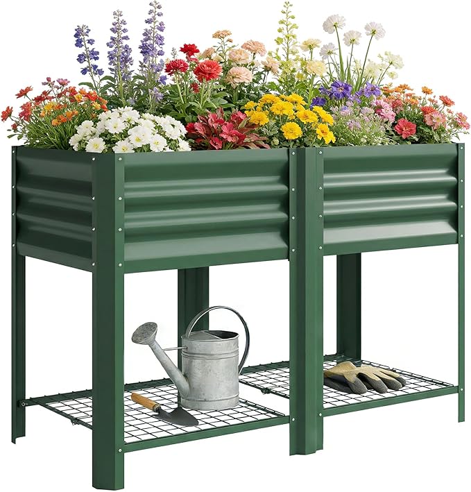 Outsunny Galvanized Steel Raised Garden Bed with Storage Shelf and Bed Liner Elevated Planter Box with Legs for Flowers Vegetables and Herbs for Outdoor Patio Yard Glove Included Green
