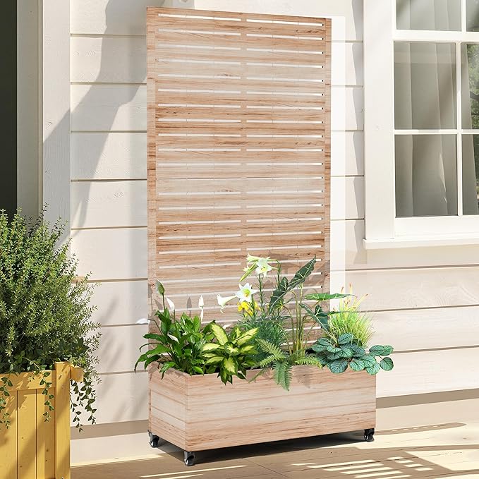 Raised Garden Bed with Trellis and Wheels73x35x16 Metal Raised Garden BedAcacia Finish Metal Planter with Climbing Trellis for Vines &amp Vegetables