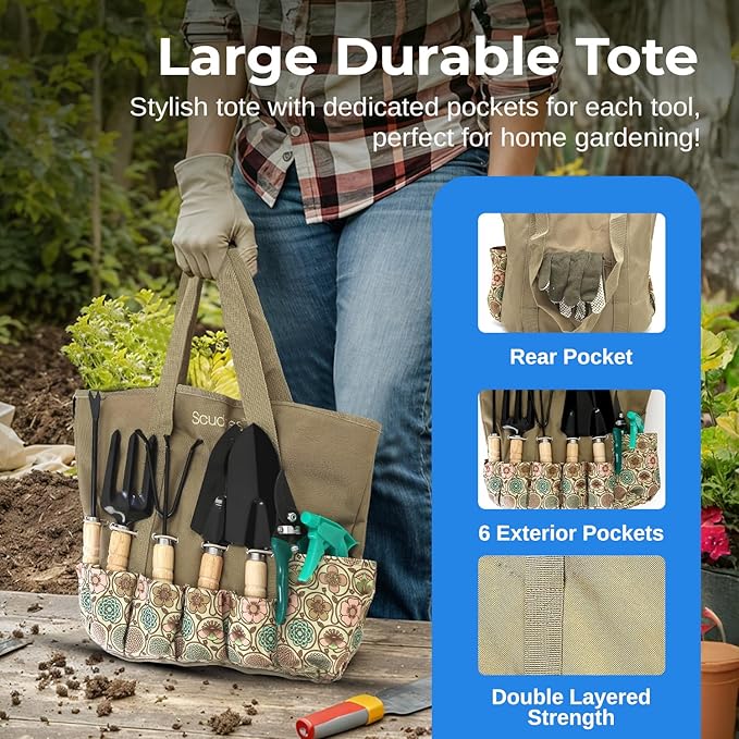 Scuddles 8-Piece Garden Tool Set with Bag Stainless Steel Tools Wooden Handles and Soft Poly-Cotton Gloves for Planting Pruning and Home Gardening