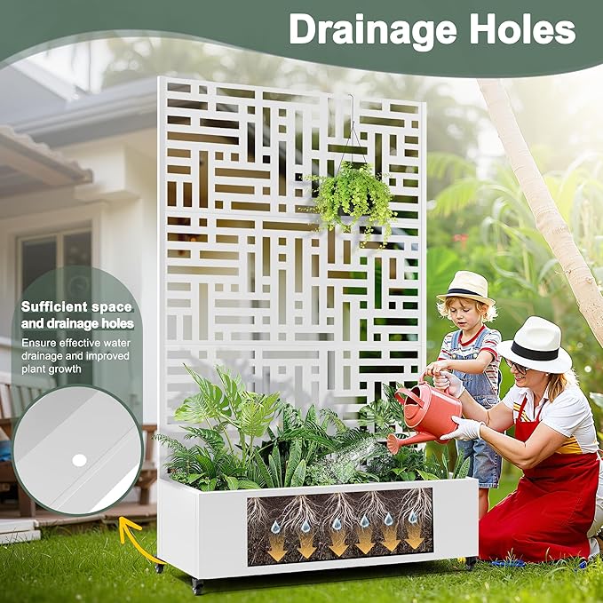 Large Raised Garden Beds with Trellis &amp Wheels Metal Planter Box with Privacy Screen for Climbing Plants Vegetables Fruits 47L Garden Boxes Outdoor with Drainage Holes (White Street)