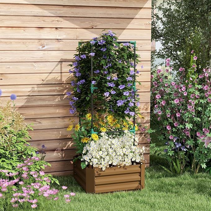 Raised Garden Bed with Trellis Flower Shelf Wood Planter Box 24 W x 24 D x 55 H