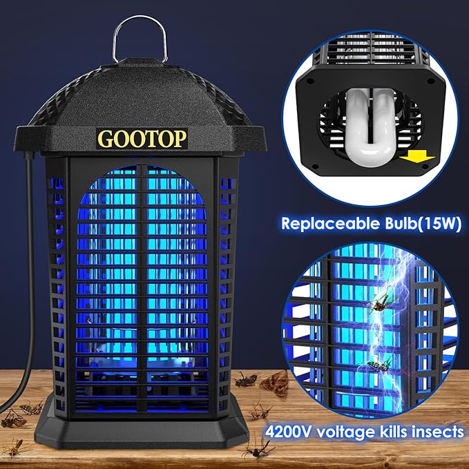 Bug Zapper Outdoor 4200V Electric Mosquito Zapper Bug Zapper Outdoor Fly Traps Fly Zapper Mosquito Killer Indoor 3 Prong Plug 90-130V ABS Plastic Outer