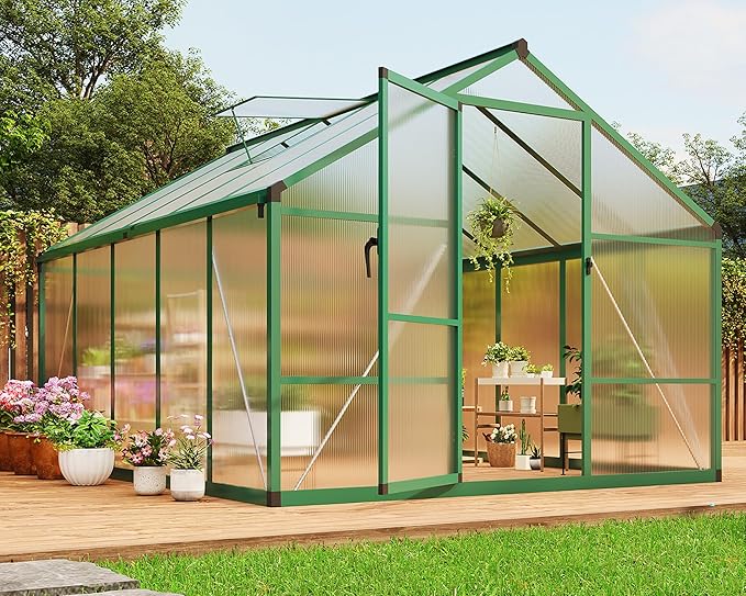 8x10 FT Greenhouse Greenhouses for Outside Polycarbonate Greenhouse with Aluminum Frame Lockable Door and Ajustable Roof Vent for Backyard Green Houses for Outside Garden Backyard Patio