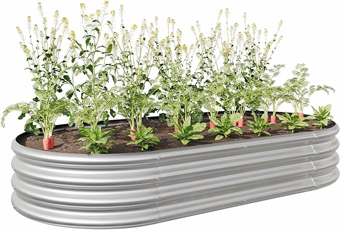 Raised Garden Beds Outdoor Oval Large Galvanized Metal Planter Box with Kit Above Ground Garden Bed for Vegetables Fruits and Flowers (Silver 6×3×1)