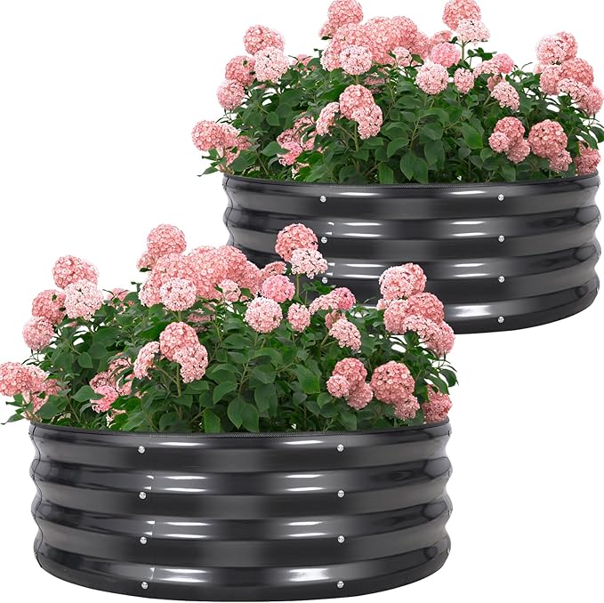 Galvanized Raised Garden Bed- 2Pcs Metal Planter Boxes Outdoor | 12 Tall 36 Round Steel Raised Bed Kit &amp Fire Pit Ring for Gardening with Protective Tape for Vegetables Flower (Grey)