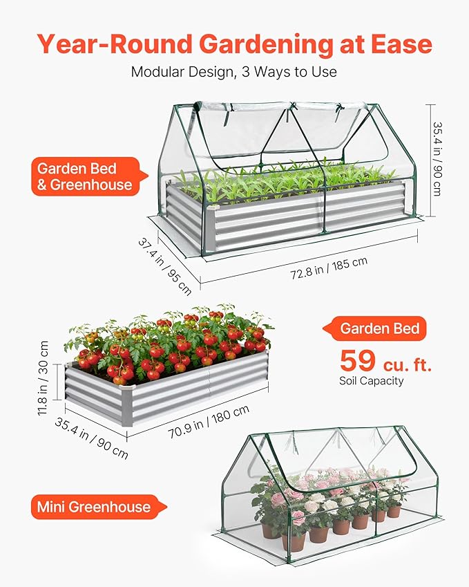 VEVOR 6x3x1FT Metal Raised Garden Bed with Greenhouse Cover Outdoor Galvanized Planter Raised Beds for Gardening for Vegetables Flowers and Fruit