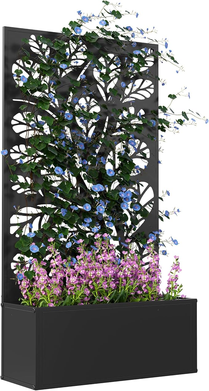 Outsunny Metal Raised Garden Bed with Trellis for Climbing Plants Freestanding or Wall Mounted Flower Bed with Privacy Panel Twigs and Leaves Cut-Outs Outdoor Planter Box for Garden Patio Balcony