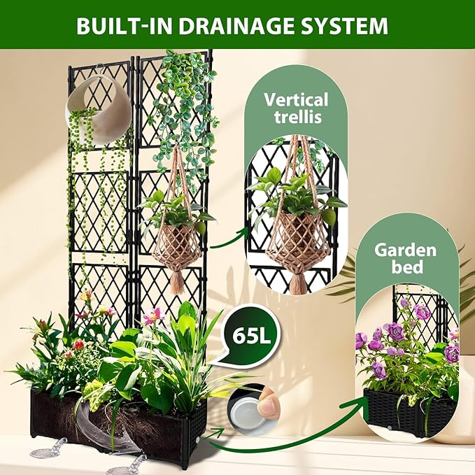Planter with Trellis - Raised Garden Bed with Trellis 75.5x31.5x16 Privacy Screen Planter Box with Drainage Hole Outdoor Raised Garden Bed for Climbing Plants