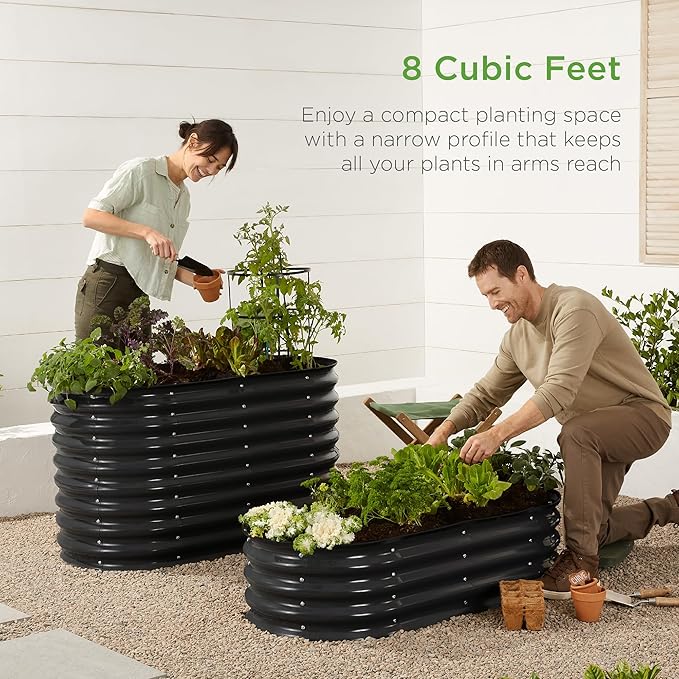 Best Choice Products 4x2x1ft Outdoor Metal Raised Garden Bed Oval Deep Root Planter Box for Vegetables Flowers Herbs and Succulents w/ 51 Gallon Capacity Rubber Edge Guard - Black