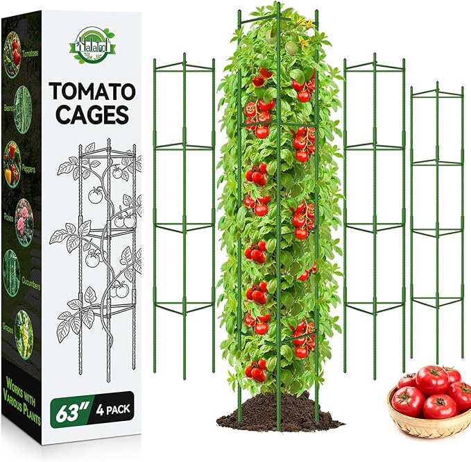 Halatool 63 Inch Tomato Cages 4 Pack Adiustable Plant Cages Assembled Tomato Garden Cages Stakes Vegetable Support Trellis with 120 Feet Twist Tie Snap-On for Vertical Climbing Plants