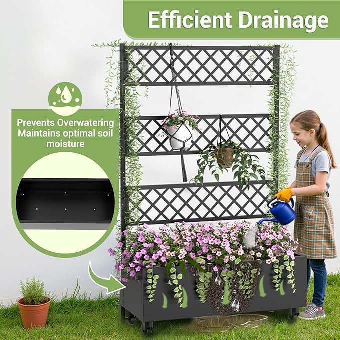 Metal Planter Box with Trellis Privacy Screen 67x41x16 Raised Garden Bed with Trellis Privacy Planter Boxes with Planting Bag &amp Lockable Casters for Climbing PlantsVegetablesand Vines