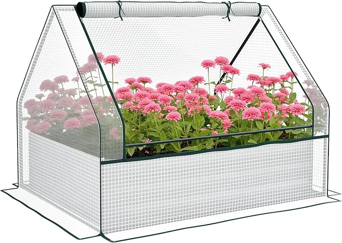 Outsunny 4 x 3 x 1ft Raised Garden Bed with Mini Greenhouse Galvanized Outdoor Planter Box with Cover for Herbs and Vegetables Use for Patio Garden Balcony White Cover and Silver Planter