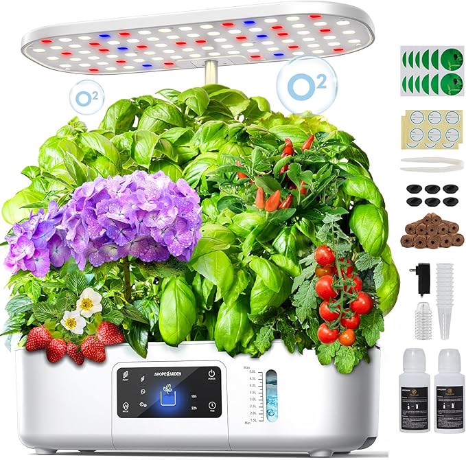 Ahopegarden Hydroponics Growing System Kit Indoor Herb Garden with Grow Light 12 Pods with LCD Touch Panel Hydroponic Planter Planting Height Up to 17 Grower Harvest Fresh Veggie Lettuce White