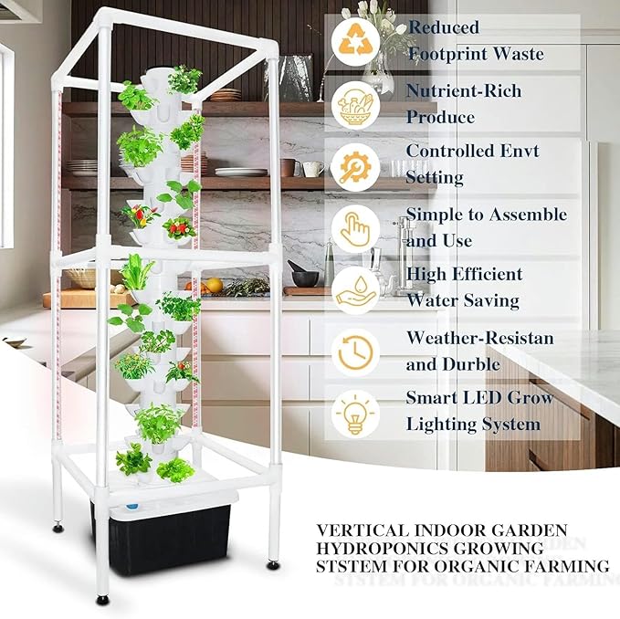 Tower Hydroponics Growing System 8 Sections Led Timed Grow Light40 Pcs Nursery Germination Kit - Herbs Fruits and Vegetables - Hydrating Pump Adapter Seeding Bed &amp Net Pots