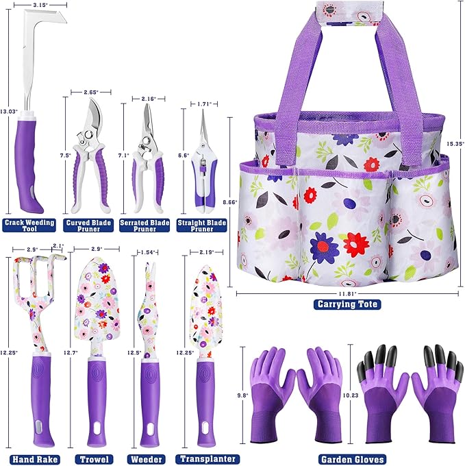 Floral Purple Garden Tool Set Gardening Gifts for WomenGarden Pruning Shears SetHeavy Duty Gardening Tools KitStorage Tote Bucket Bag OrganizerBirthday Gifts for Her