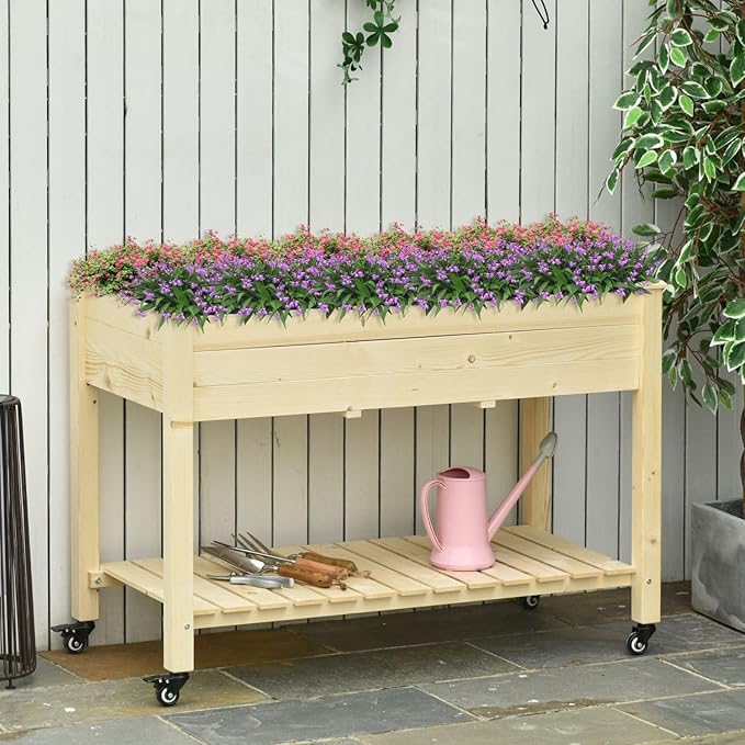 Raised Garden Bed 2-Tier Planter Box with Wheels &amp Storage Shelf