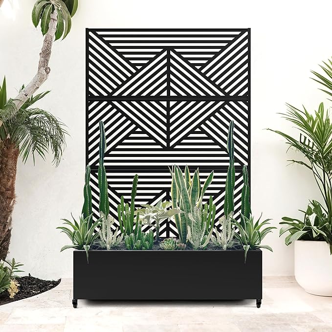 Standing Metal Planter Box with Trellis and Wheels for Climbing Plants Raised Garden Beds with Drainage Holes 47 L×16 W×71 H Privacy Boxes with Trellis (Black Zodiac)