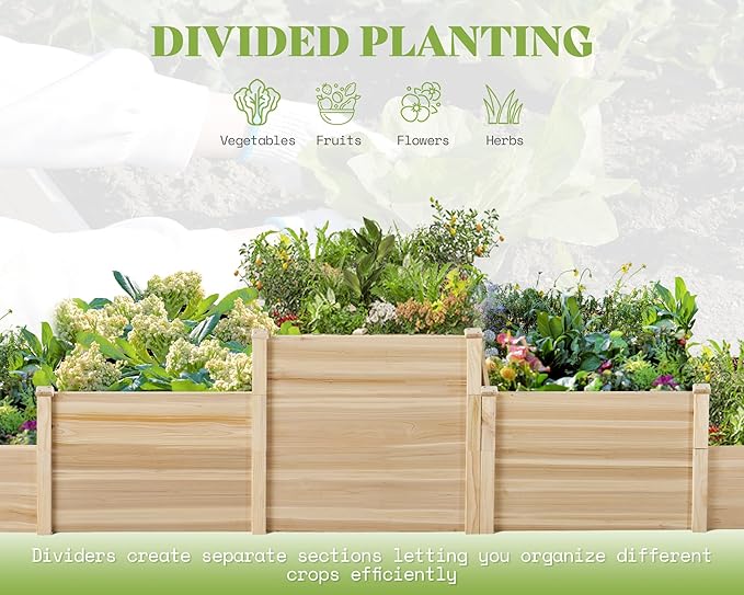 SPECRAFT Raised Garden Bed 3-Tier Outdoor Planter Box Fir Wood with Dividers Shape Adjustable Tool-Free Assembly Ideal for Growing Vegetables Herbs &amp Flowers