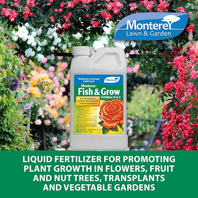 Monterey Fish &amp Grow 9-6-2 Fertilizer – 1 Quart Liquid Plant Food for Houseplants Trees Vegetables &amp Ornamentals Bundled with Garden Measure Spoon – Covers Up to 4000 Sq. Ft.