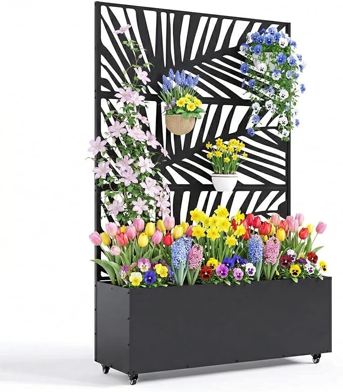 Galvanized Metal Planter Box with Trellis 47X16X71 Raised Garden Bed (with/Without Wheels) Privacy Screen for Climbing Plants Veggies &amp Vines Patio Planter with Drainage Holes 16 Deep