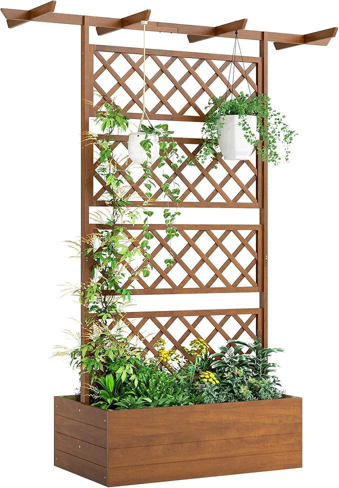 Outsunny Wood Planter Box with Trellis Raised Garden Bed Privacy Screen Planter Box for Climbing Plants Vines Vegetables Flowers 63 x 21.75 x 72