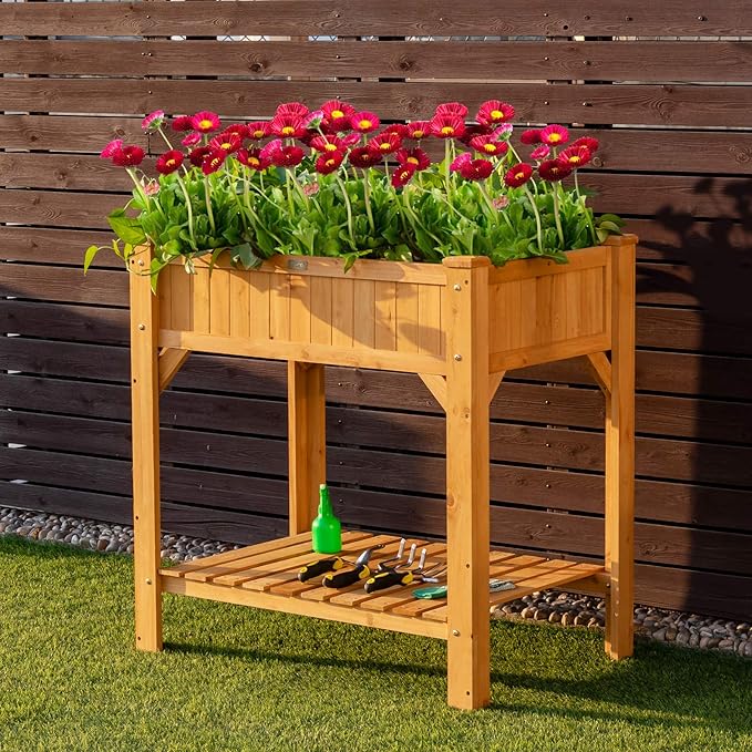 Giantex Raised Garden Bed Elevated Planter Box Kit with 8 Grids &amp Liner for Herbs Vegetables Flowers Outdoor Solid Fir Wood Planting Container with Legs &amp Storage Shelf for Backyard Patio (N
