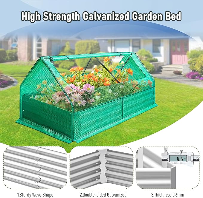 Galvanized Raised Garden Bed with Cover Thicken Metal Planter Box Kit Outdoor Garden Box with 2 Roll-Up Large Screen Windows for Vegetables Flowers Growing (6x3x1 FT)