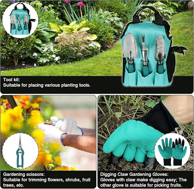 Garden Tools Gardening Tool Set with Non-Slip Handles Lightweight Aluminum Alloy Rust-Proof Gardening Hand Tools with Gloves Ideal Gardening Tools Gifts for Women and Men (11 Pcs)