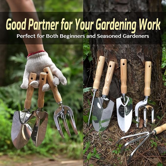 13-Piece Garden Tools Set with Tote Bag &amp Apron Repotting Mat - Stainless Steel Heavy Duty Planting Kit Ergonomic Non-Slip Handles - Gardening Gift for Women Mom Home Gardeners
