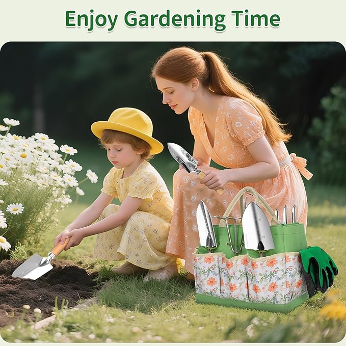 Gardening Tools 10-Piece Heavy Duty Stainless Steel Hand Tools with Durable Garden Tools Storage ToteRust-Proof Garden Tool Set Ideal Gardening Gifts for Women Yellow Floral Pattern Design
