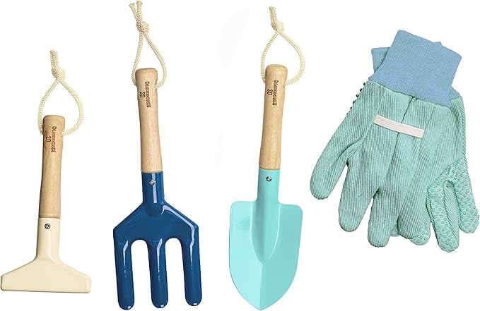 Gardening Set Tool Kit for Kids STEM Includes Tote Bag Spade Watering Can Rake Fork Trowel and Gloves (Ocean Blue)