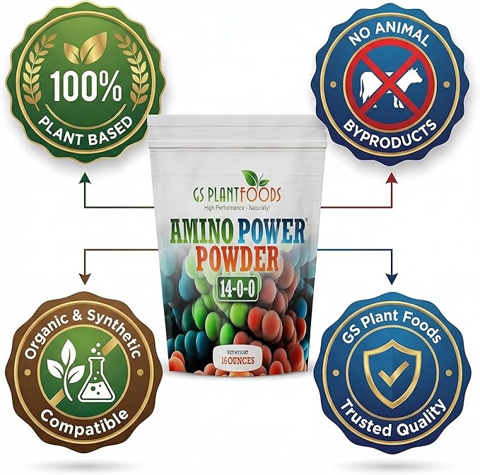 Amino Power Powder Nitrogen Fertilizer - Plant Based High Nitrogen Fertilizer for Plants - All Natural Nitrogen Source and chelating Agent - Suitable for Turf Vegetables Fruits &amp Berries