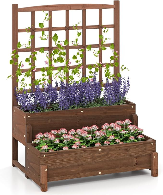 Byroce Outdoor Raised Garden Bed Garden Planter Box with Lattice Trellis Legs &amp Drainage Hole 2-Tier Standing Elevated Planter for Flower Fruit Vegetable &amp Climbing Plants in Patio Balco